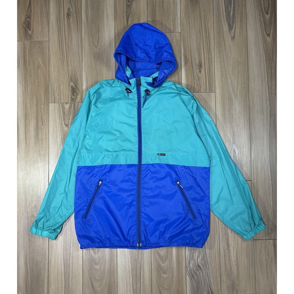 VTG KWay International Jacket Mens L Blue Green Windbreaker Colorblock 80s 90s